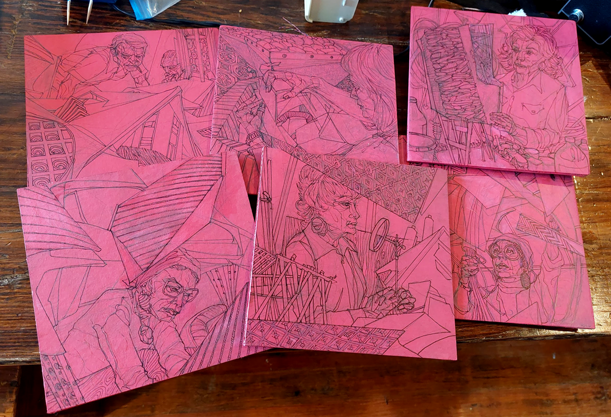 Current series of unfinished paintings on 7-inch chipboard sleeves